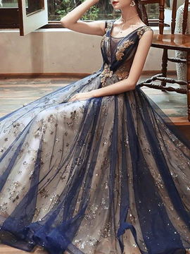 Elegant Navy Blue V-neckline Lace Long Party Dress, Navy Blue Wedding Party Dress