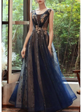 Elegant Navy Blue V-neckline Lace Long Party Dress, Navy Blue Wedding Party Dress