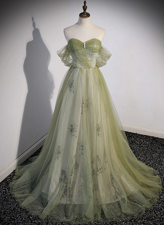 Light Green Sweetheart Beaded Tulle Party Dress, A-line Green Long Prom Dress