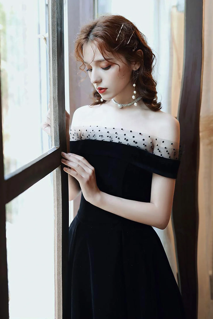 Off Shoulder Black Velvet Tea Length Party Dress, Off Shoulder Velvet Homecoming Dress