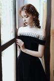 Black Velvet Off Shoulder Tea Length Party Dress, Black Velvet Homecoming Dress