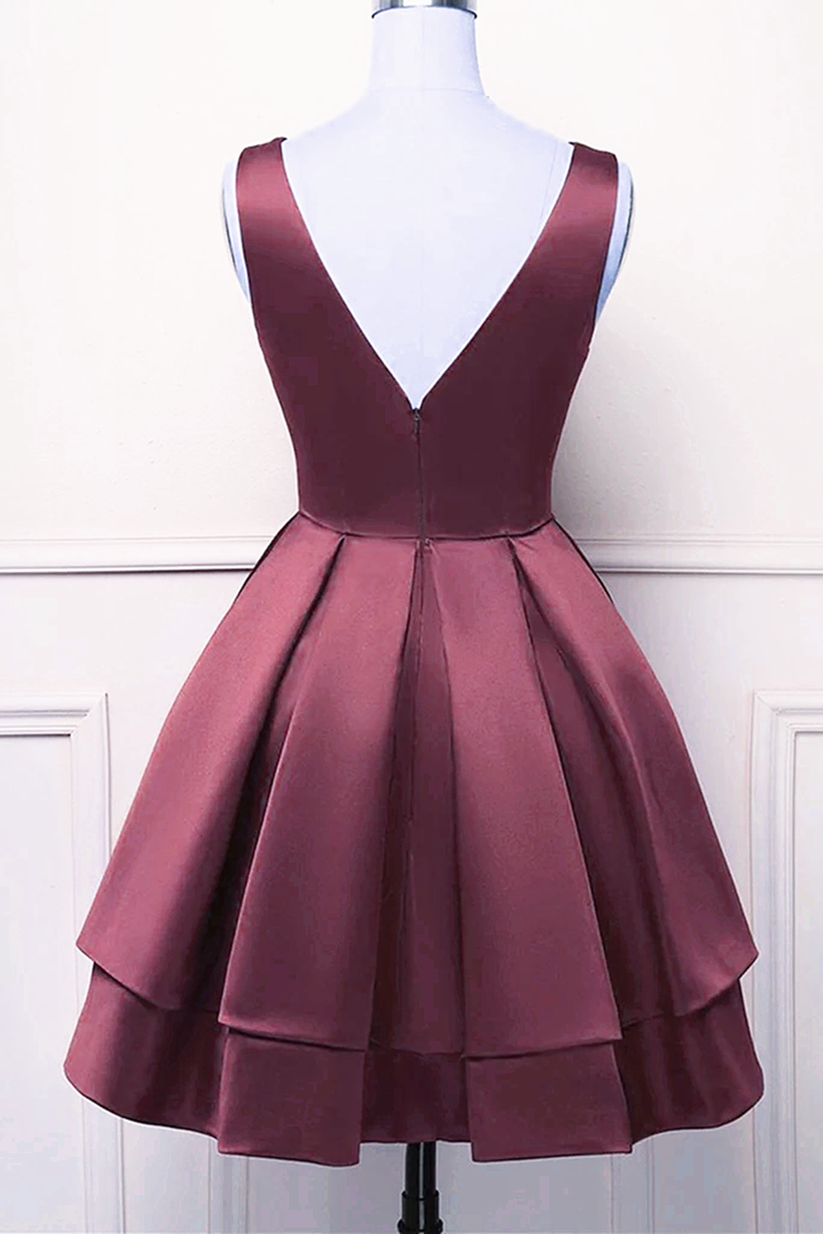 Wine Red V-neckline Satin Knee Length Homecoming Dress, Wine Red Short Prom Dress