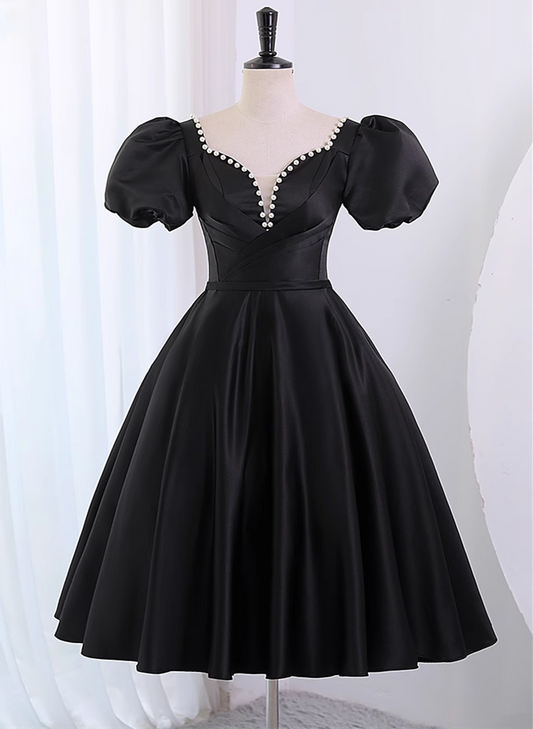 Black Satin Short Sleeves Homecoming Dress, Black Short Prom Dress