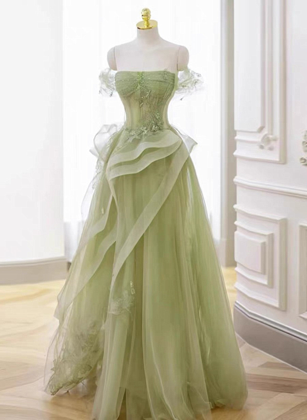 Green Off Shoulder Tulle with Lace A-line Prom Dress, Green Long Party Dress