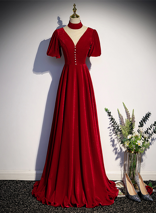 A-line Red Velvet High Neckline Wedding Party Dress, Red Velvet Long Prom Dress