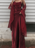 Wine Red Satin Long Spaghetti Straps Simple Prom Dress, Wine Red Long Formal Dress