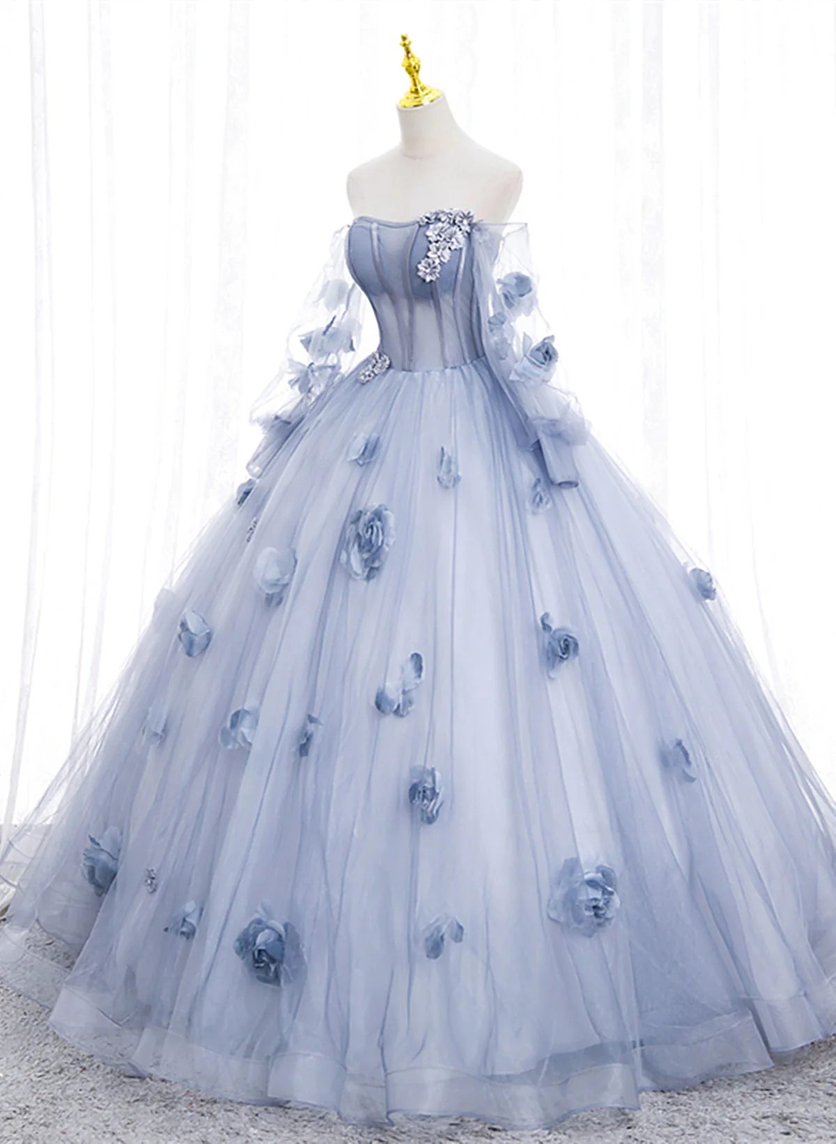 Light Blue Tulle Puffy Sleeves with Flowers Sweet 16 Dress, Light Blue Formal Dress