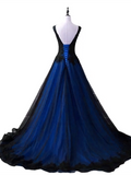 Black and Blue Lace V-neckline Long Party Dress, A-line Tulle Evening Dress Party Dress