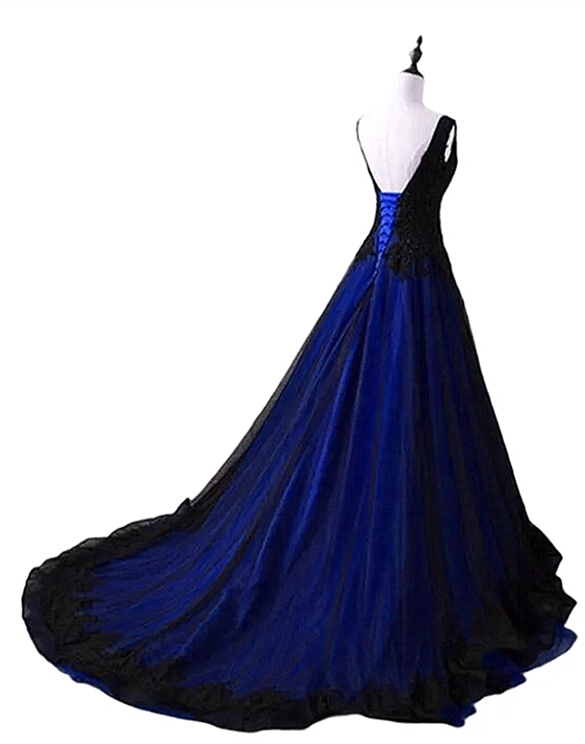 Black and Blue Lace V-neckline Long Party Dress, A-line Tulle Evening