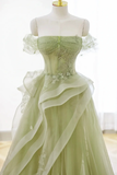 Cute Light Green A-line Beaded Tulle Party Dress, Light Green Long Prom Dress