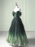 Green Gradient Tulle A-line Long Formal Dress, Green Beaded Straps Party Dress Prom Dress