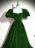 Green A-line Velvet Backless Long Party Dress, Green Short Sleeves Formal Dress Prom Dress