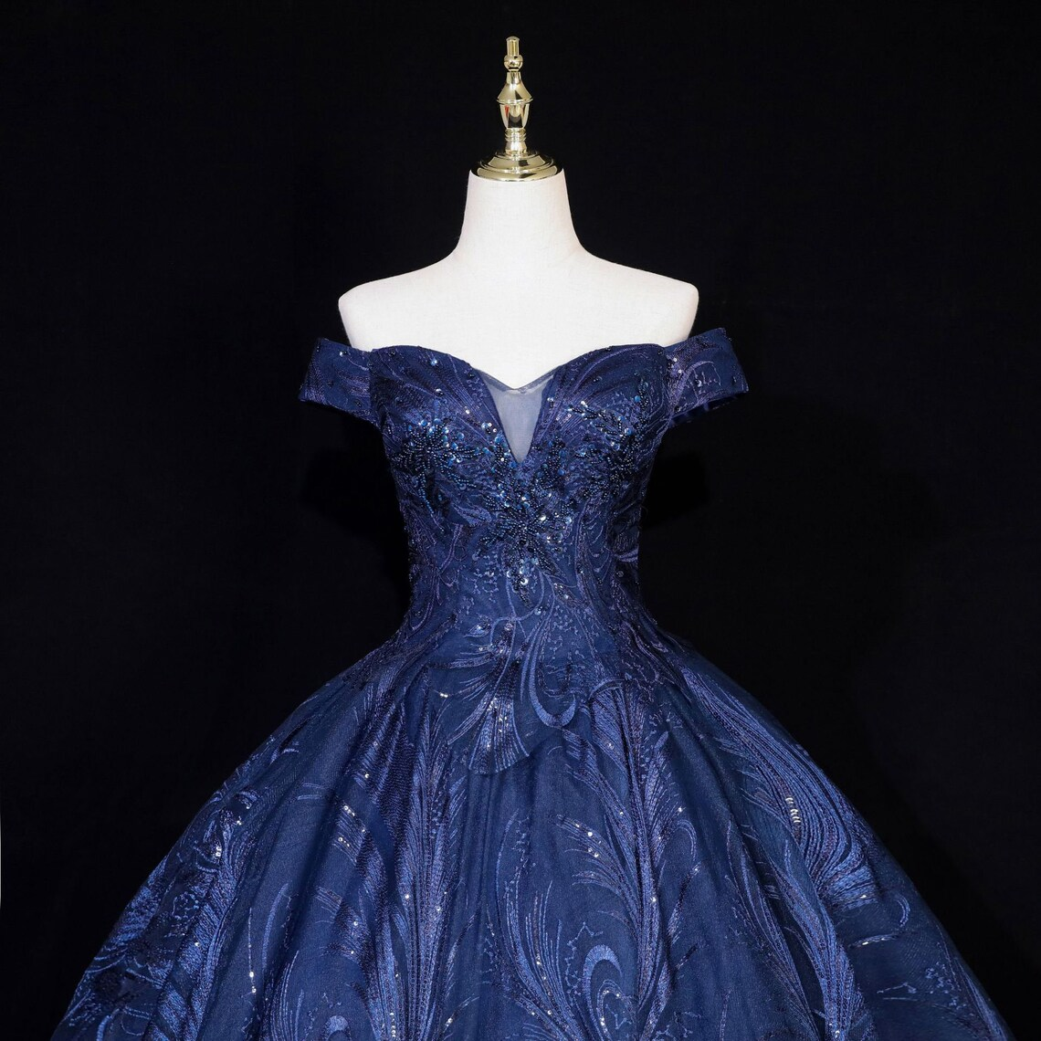 Lovely Navy Blue Floral Tulle Ball Gown Sweet 16 Dress,Navy Blue Off Shoulder Long Formal Dress