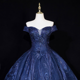 Lovely Navy Blue Floral Tulle Ball Gown Sweet 16 Dress,Navy Blue Off Shoulder Long Formal Dress