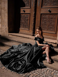 Lovely Black Off Shoulder Satin Long Evening Dress, A-Line Black Sweetheart Prom Dress