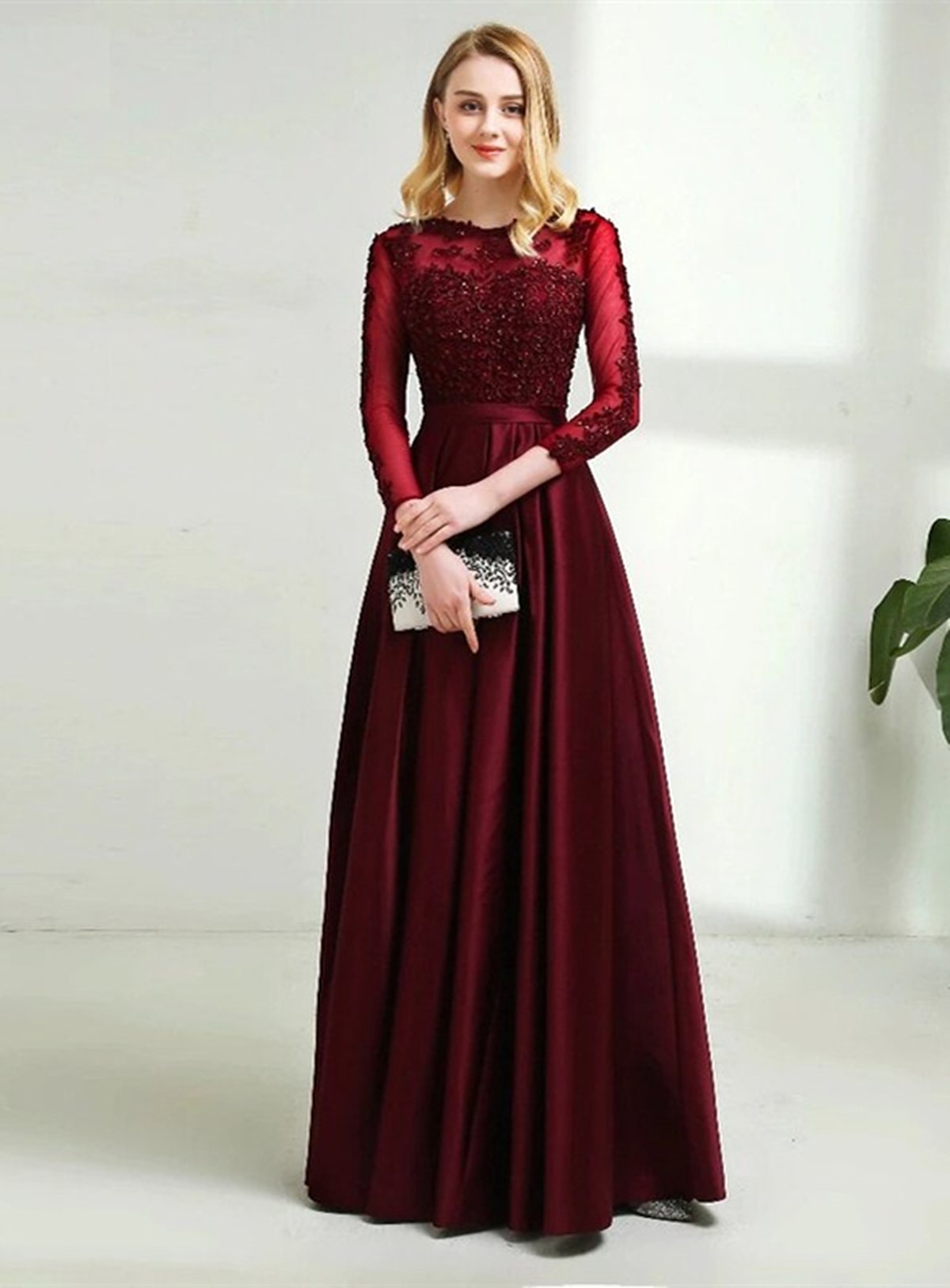 Burgundy Satin and Lace Long Sleeves Party Dress, Burgundy Evening Dre Formaldressy Burgundy Satin and Lace Long Sleeves Party Dress, Burgundy Evening Dre Formaldressy