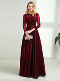 Burgundy Satin and Lace Long Sleeves Party Dress, Burgundy Evening Dress Prom Dress