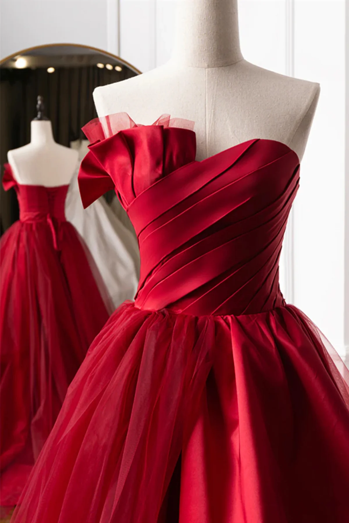 Beautiful Wine Red Sweetheart Tulle and Satin Party Dress, Wine Red Long Formal Dress