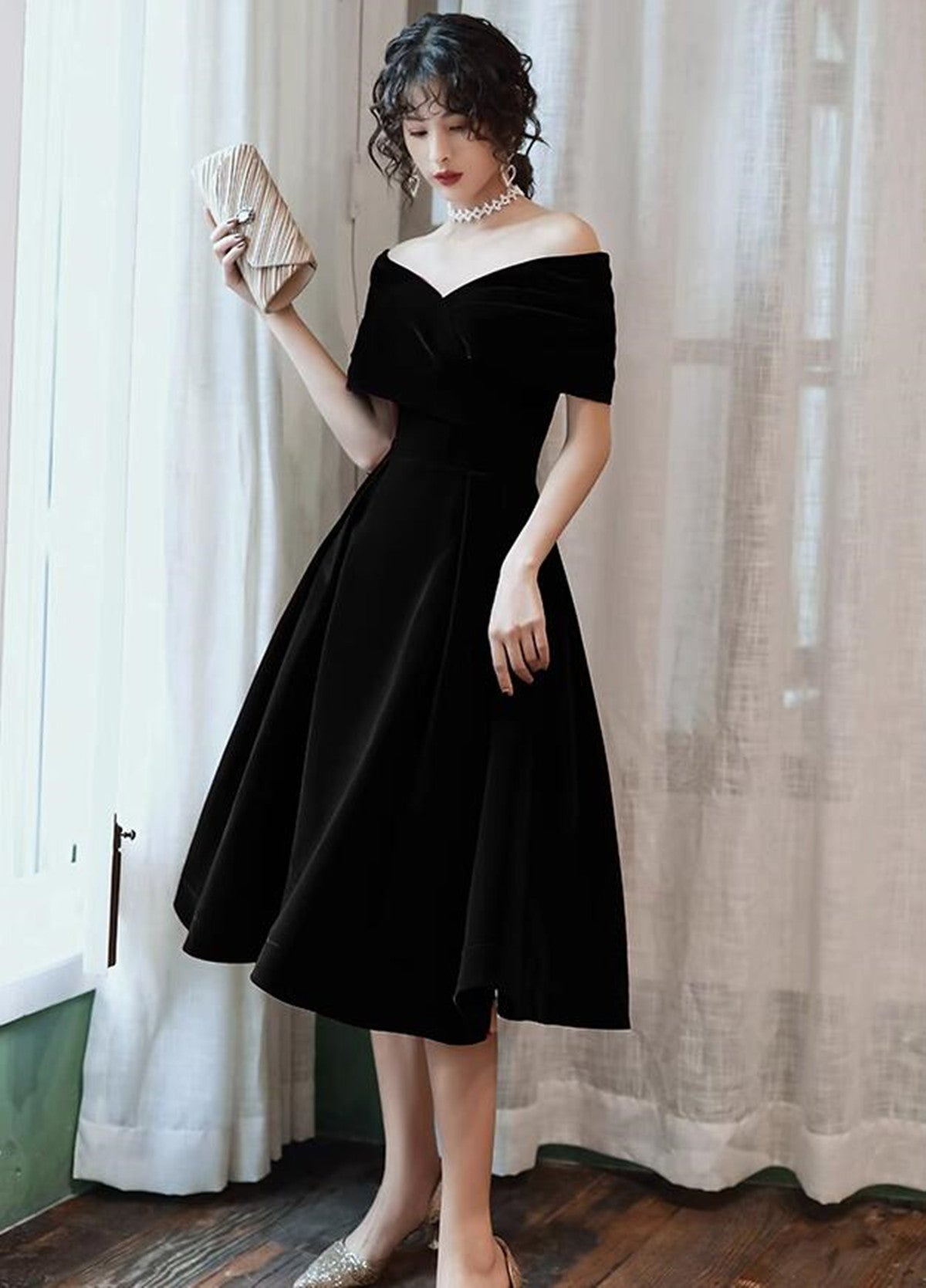 Black Velvet Tea Length Black Off Shoulder Party Dress, Black Short Wedding Prom Dress