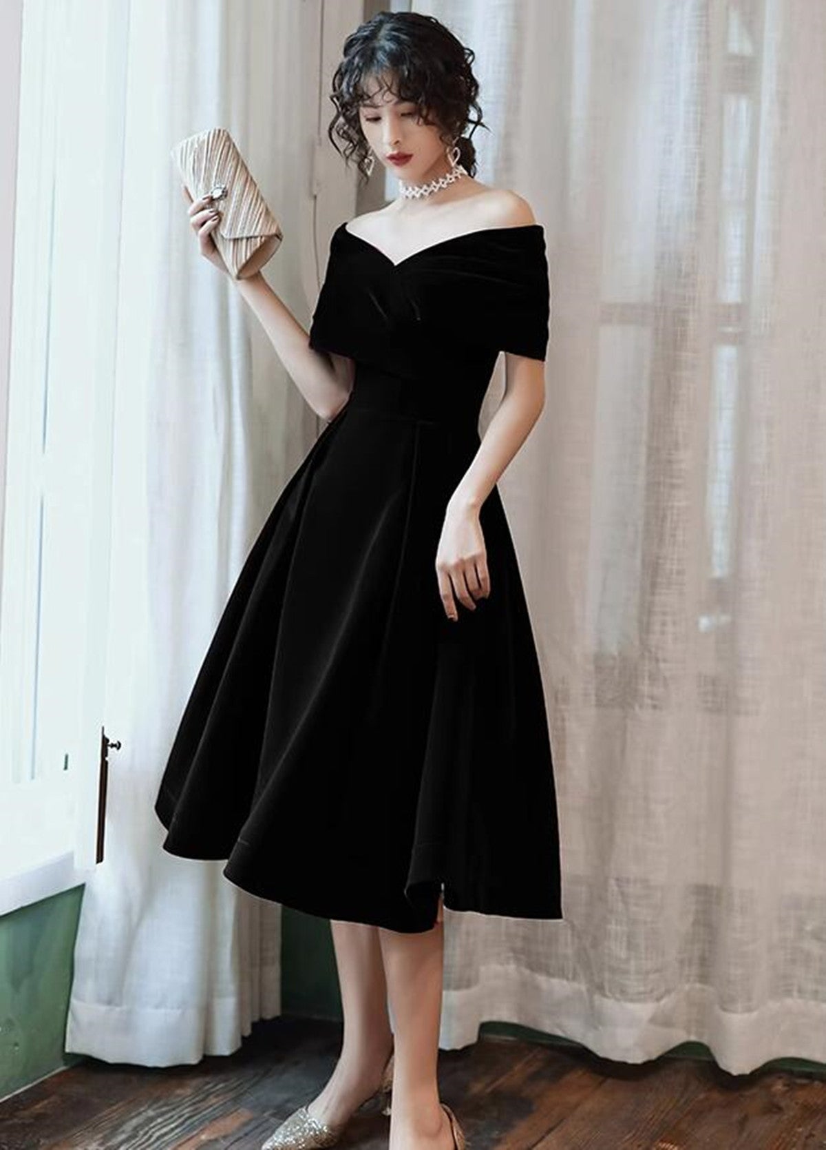 short black velvet dress ASOS DESIGN slash neck mini sleeveless in Hidden back zipper/clasp Black Velvet Tea Length Black