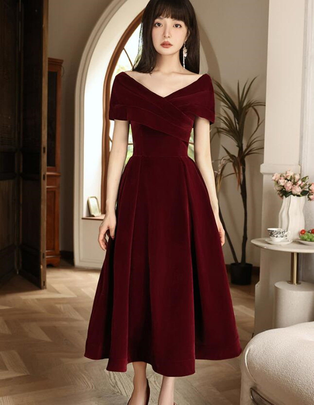 Wine Red Velvet Tea Length Off Shoulder Party Dress, Wine Red Prom Dress