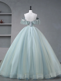 Glam Blue Tulle Sequins Lace Round Neckline Long Prom Dress, Blue Wedding Party Dress