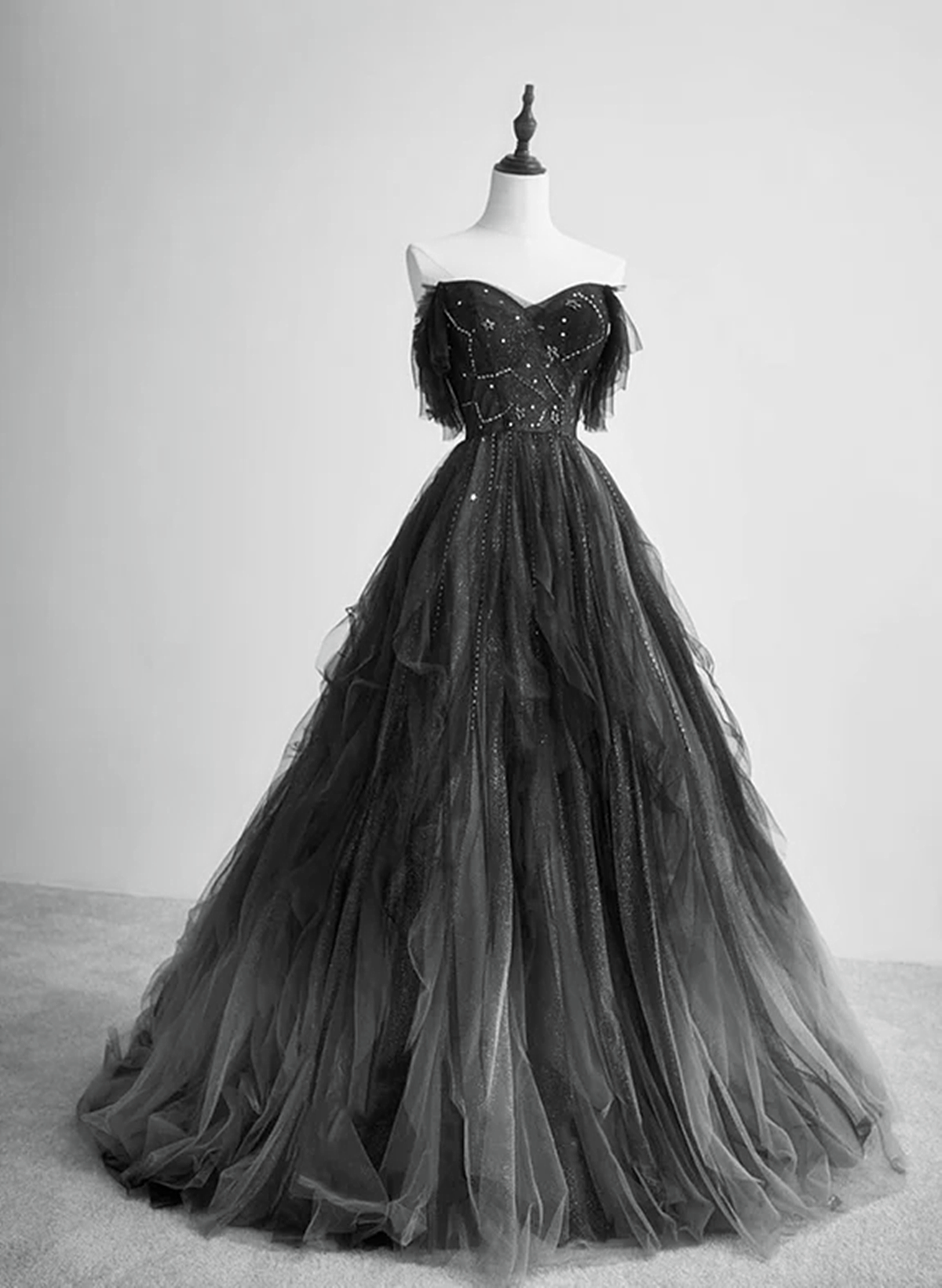 Black Tulle Off Shoulder Tulle Beaded Long Party Dress, Black Tulle Evening Dress Prom Dress