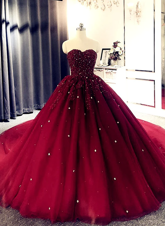 Burgundy Ball Gown Sweetheart Beaded Formal Gown, Burgundy Sweet 16 Dress