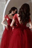 Wine Red Off ShoulderTulle Long A-Line Prom Dress, Wine Red Sweetheart Evening Dress