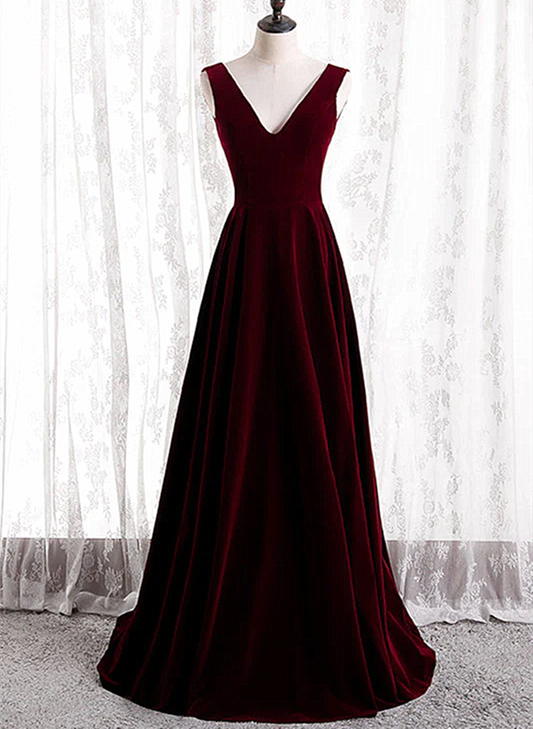 Burgundy Velvet V-neckline Simple Long Party Dress, Burgundy Bridesmaid Dress