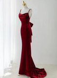 Mermaid Scoop Velvet Long Party Dress, Wine Red Velvet Long Prom Dress Evening Dress