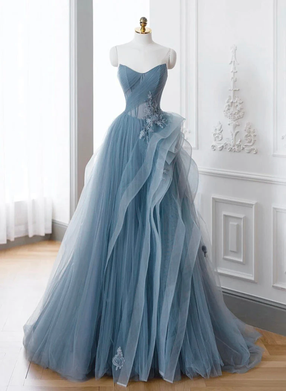 Blue Sweetheart Tulle Layers Long Formal Dress, Blue Long Party Dress Prom Dress