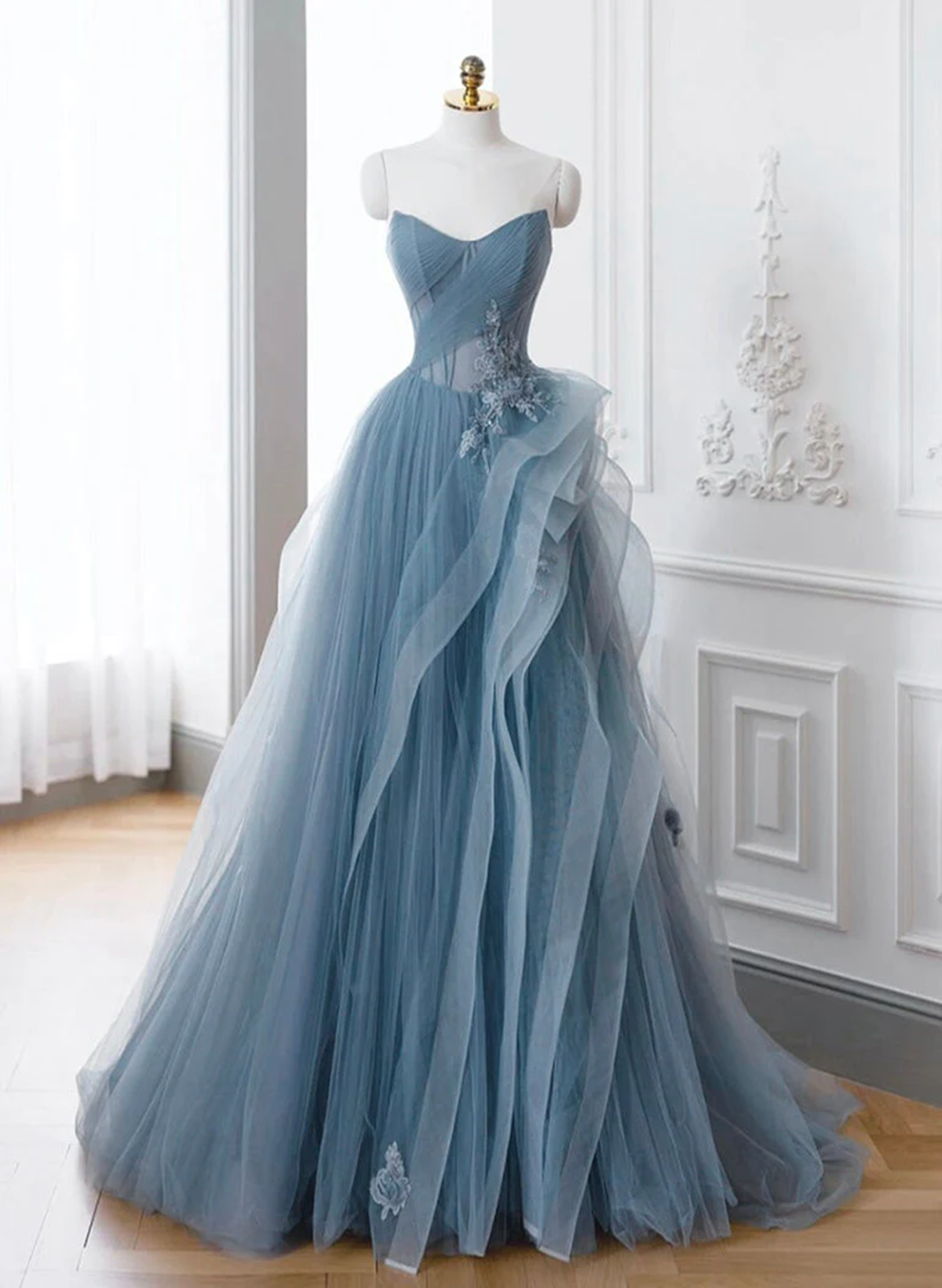 Blue Sweetheart Tulle Layers Long Formal Dress, Blue Long Party Dress