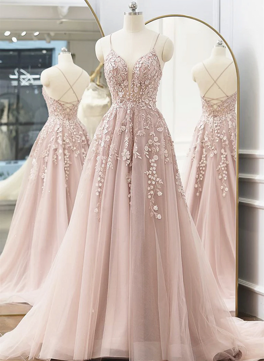 Pink Tulle A-line Long Prom Dress, Pink Tulle with Lace Party Dress Prom Dress