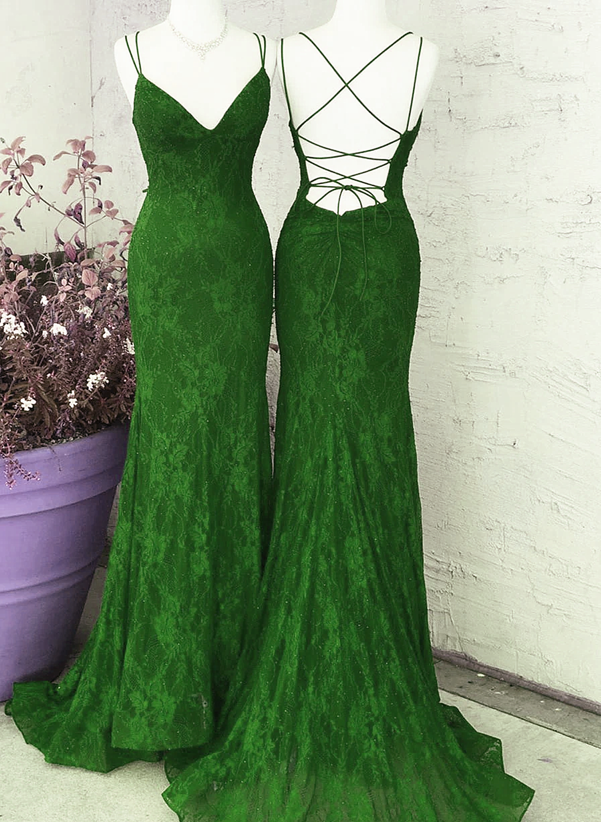 Green V-neckline Lace Cross Back Mermaid Party Dress, Green Long Evening Dress Prom Dress