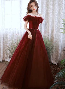 Off Shoulder A-line Tulle Long Party Dress, Wine Red Long Formal Dress Prom Dress