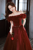 Off Shoulder A-line Tulle Long Party Dress, Wine Red Long Formal Dress Prom Dress