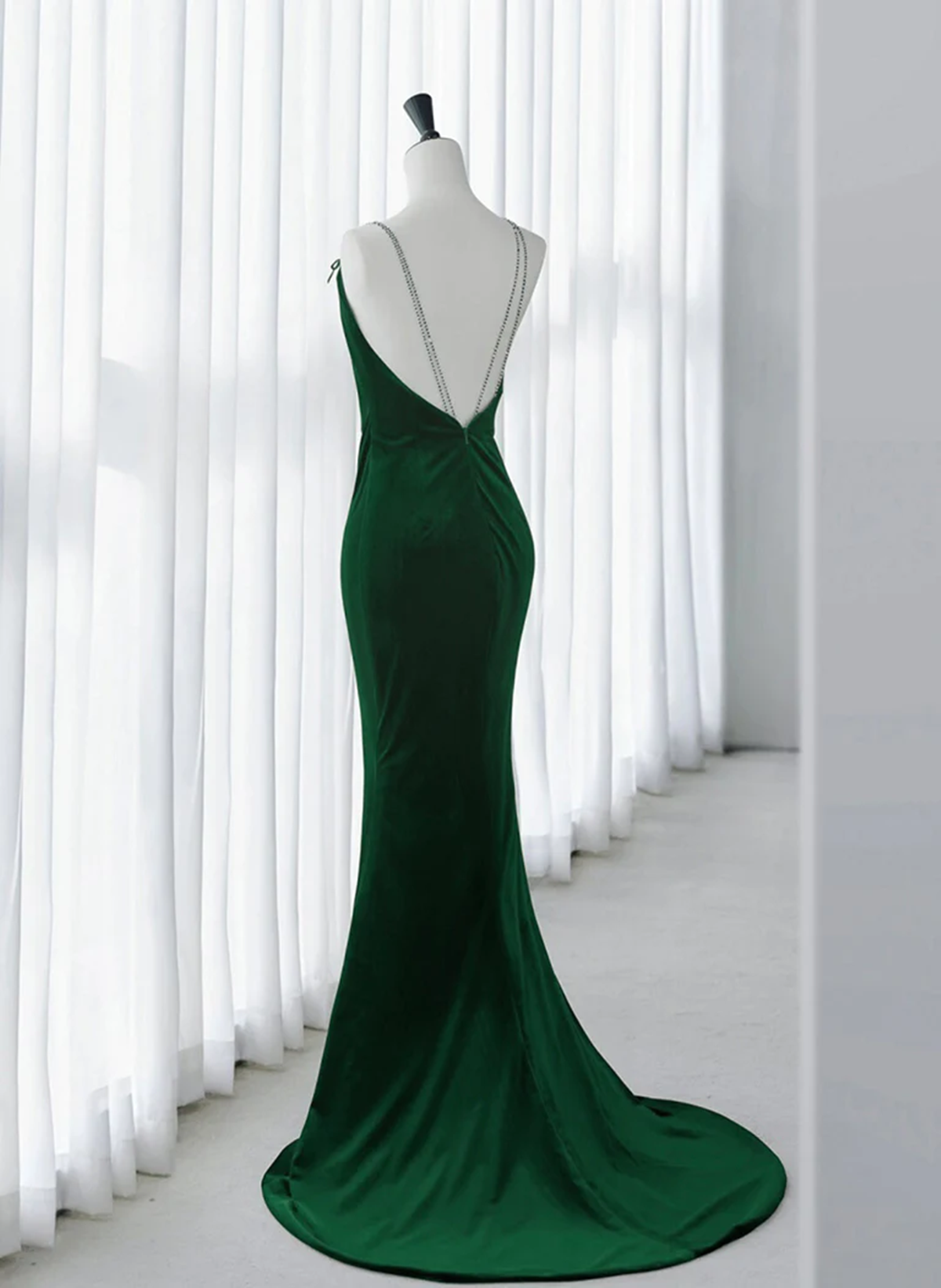 Green Mermaid Velvet Long Party Dress, Green Straps Velvet Evening Dress