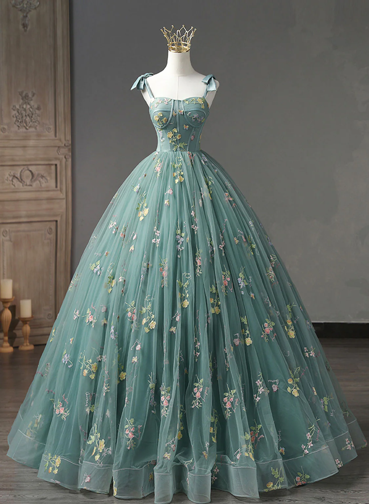 Green Floral Straps Sweetheart Long Party Dress, Green Sweet 16 Dress