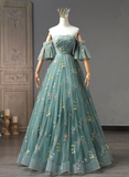 Green Floral Straps Sweetheart Long Party Dress, Green Sweet 16 Dress