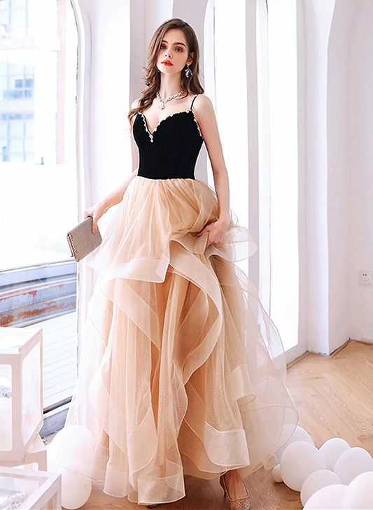 Champagne A-line Tulle and Black Beaded Long Party Dress, V-neckline Prom Dress