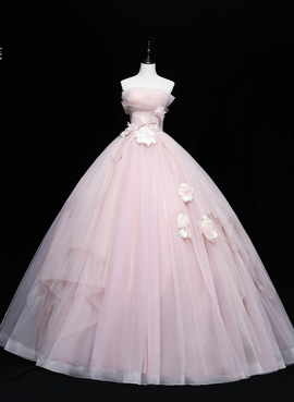 Pink Ball Gown Scoop Long Tulle Sweet 16 Dress, Pink Tulle Formal Dress Prom Dress