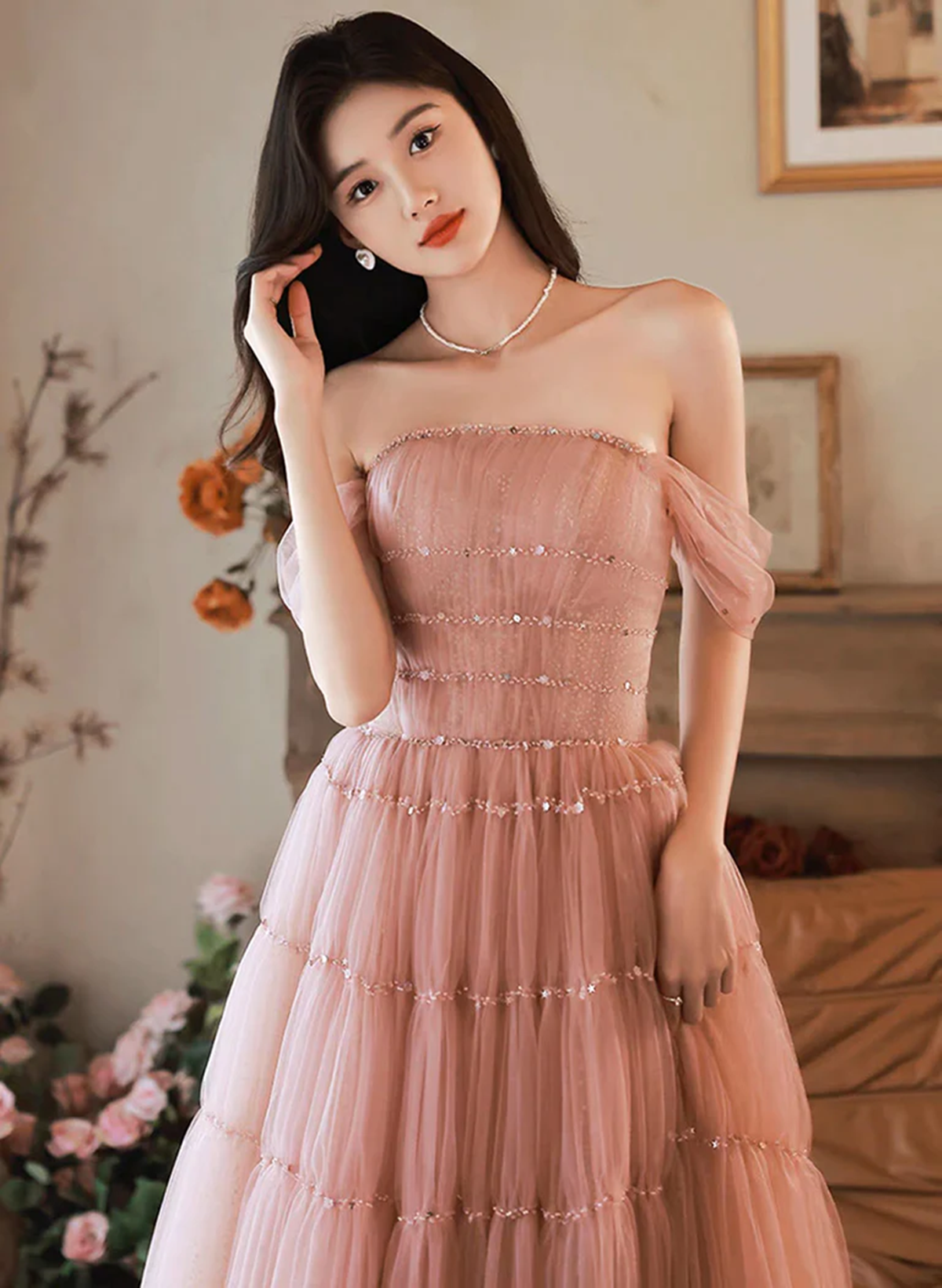 Pink Tulle A-line Scoop Beaded Long Party Dress, Pink Tulle Formal Dress Prom Dress