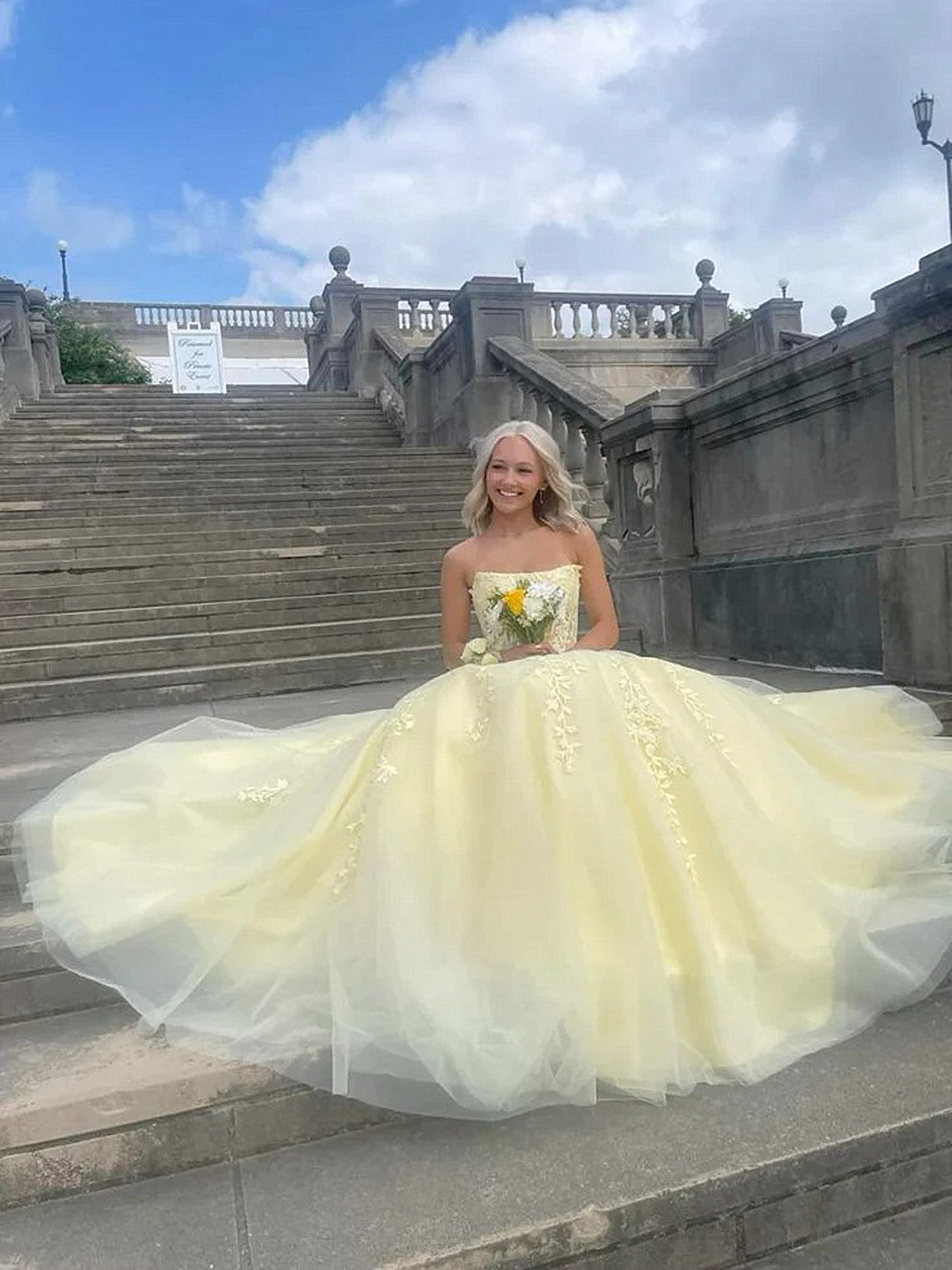 Light Yellow Tulle with Lace Applique Prom Dress, Light Yellow Party Dress Evening Dress