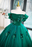 Green Off Shouldr Ball Gown Flowers Tulle Formal Dress, Green Floor Length Party Dress