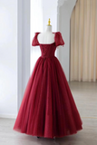 Wine Red Beaded Sweetheart Short Sleeves Party Dress, Wine Red A-line Prom Dress