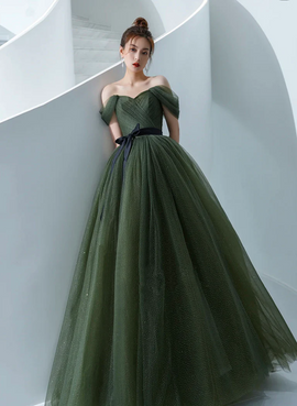 Green Tulle A-line Off Shoulder Prom Dress, Green Tull Long Formal Dress Evening Dress