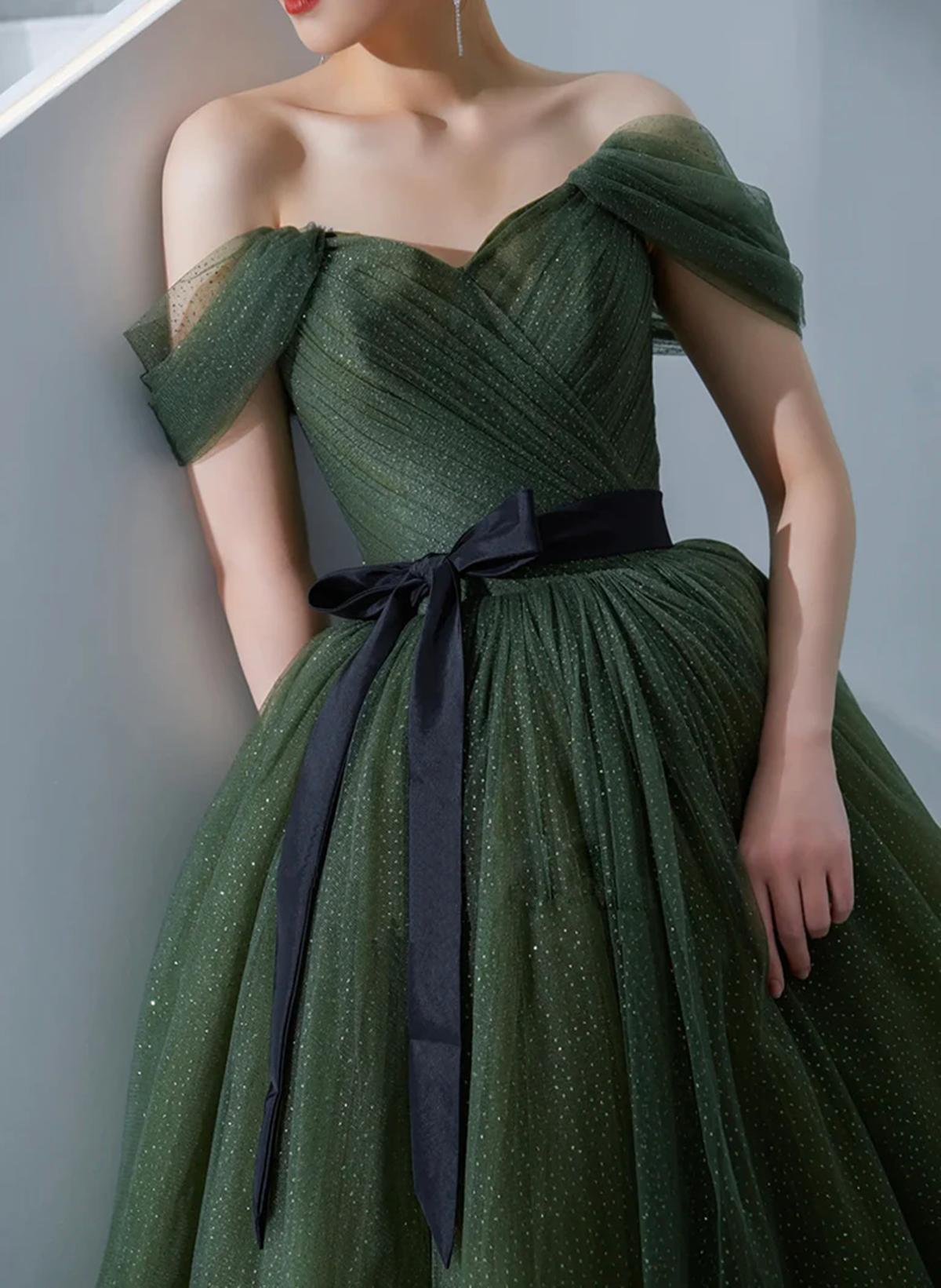 Green Tulle A-line Off Shoulder Prom Dress, Green Tull Long Formal Dress Evening Dress