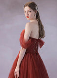 Wine Red Off Shoulder A-line Tulle Prom Dress, Wine Red Tulle Party Dress