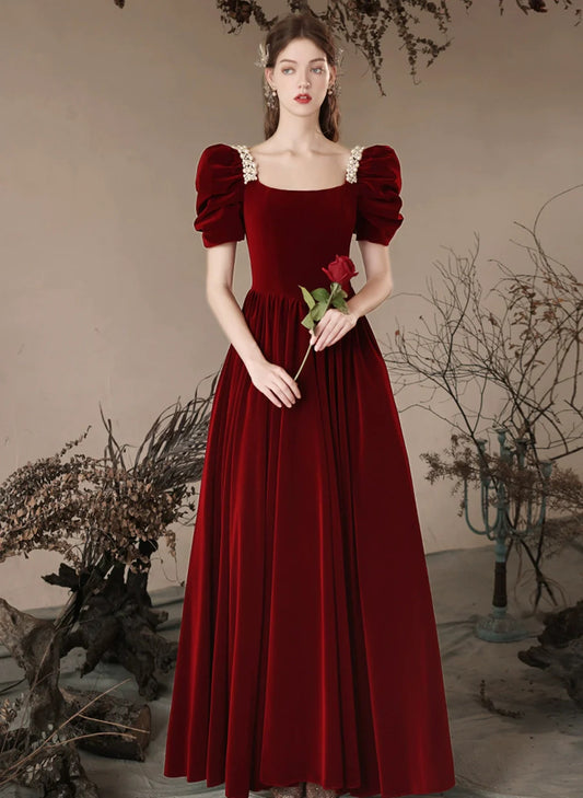 Wine Red A-Line Velvet Beads Long Prom Dress, Wine Red Evening Dress Party Dress